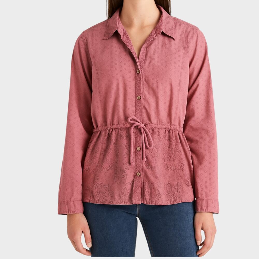 Woolrich Womens Small Pink Shirt Top Drawstring Waist Collar Cotton